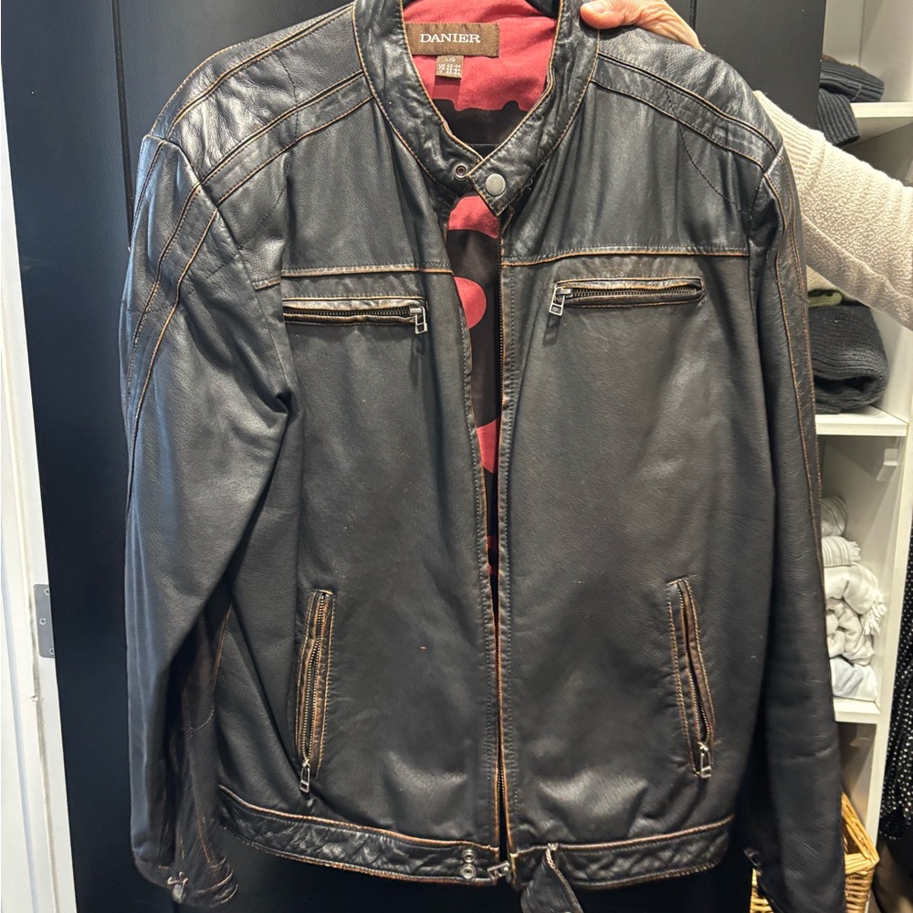 Danier Black and Brown Leather Bomber Jacket SOLD